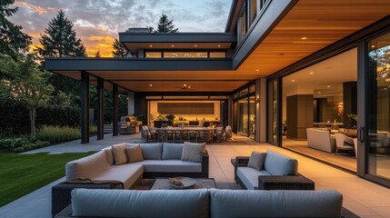 Modern Luxury Home with Spacious Patio at Sunset, Embracing Golden Hour Warmth and Elegance