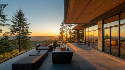 Modern Luxury Home with Spacious Patio at Sunset, Embracing Golden Hour Warmth and Elegance