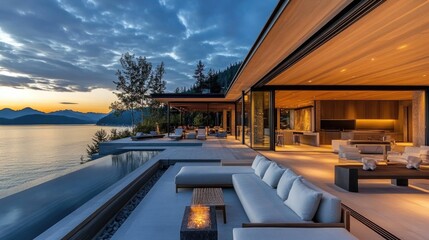 Modern Luxury Home with Spacious Patio at Sunset, Embracing Golden Hour Warmth and Elegance