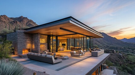 Modern Luxury Home with Spacious Patio at Sunset, Embracing Golden Hour Warmth and Elegance