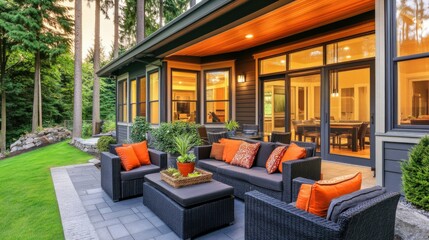 Modern Luxury Home with Spacious Patio at Sunset, Embracing Golden Hour Warmth and Elegance