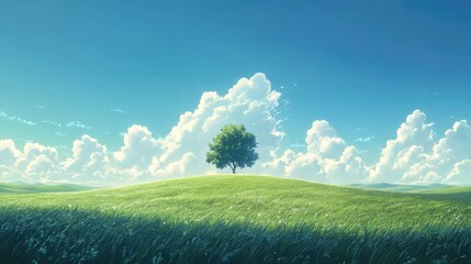 Obraz premium Panoramic View: Green Hills and Meadows Beneath Blue Skies and White Clouds (AI-Generated)