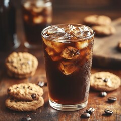 Refreshing iced beverage with ice cubes, chocolate chip cookies on wooden surface, perfect for a cozy afternoon snack.