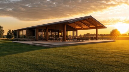 Modern Luxury Home with Spacious Patio at Sunset, Embracing Golden Hour Warmth and Elegance