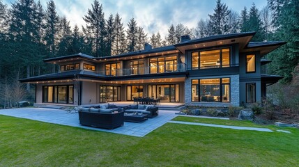 Modern Luxury Home with Spacious Patio at Sunset, Embracing Golden Hour Warmth and Elegance