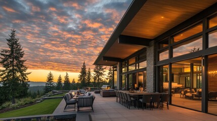 Modern Luxury Home with Spacious Patio at Sunset, Embracing Golden Hour Warmth and Elegance