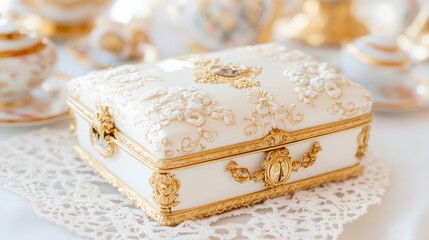 Elegant decorative gift box, luxurious white and gold design, adorned with delicate textures, perfect for celebrations and events.