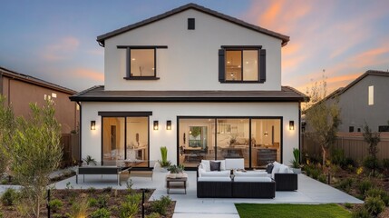 Modern Luxury Home with Spacious Patio at Sunset, Embracing Golden Hour Warmth and Elegance
