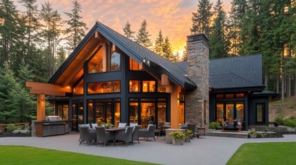 Modern Luxury Home with Spacious Patio at Sunset, Embracing Golden Hour Warmth and Elegance