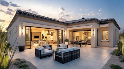 Modern Luxury Home with Spacious Patio at Sunset, Embracing Golden Hour Warmth and Elegance
