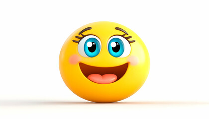 Fototapeta premium Happy, bright yellow emoji face with big blue eyes, long eyelashes, rosy cheeks, and an open, smiling mouth