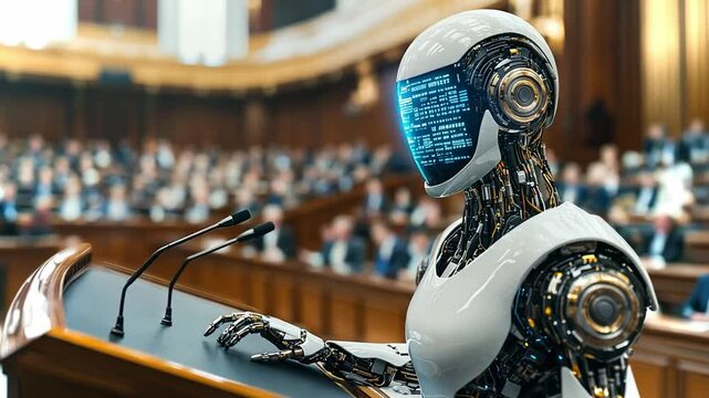 Robot delivers speech to an audience in a futuristic assembly hall with advanced technology