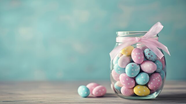 A glass jar filled with mini Easter eggs, tied with a ribbon.