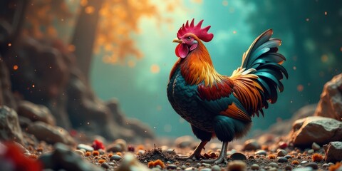 Fototapeta premium Majestic Rooster in a Serene Autumnal Setting, Vibrant Plumage Glowing in the Soft Light