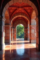 Fototapeta premium Sunlit Archway Corridor with Ornate Ceiling and Tranquil Garden View