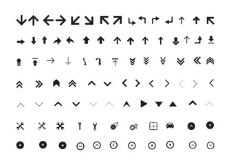 Flat arrow, navigation, diverse direction pointing symbols, black arrows icon vector illustration.