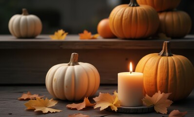 Autumn pumpkins with candlelight glow