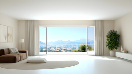 Fototapeta premium Bright Airy Modern Living Room With Brown Sofa White Rug and Large Windows Overlooking City and Mountain View in Daytime