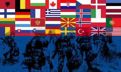 A powerful depiction of NATO, showing its member flags alongside an advancing military force,...