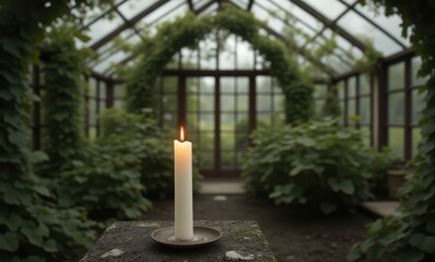 Lit candle in tranquil greenhouse