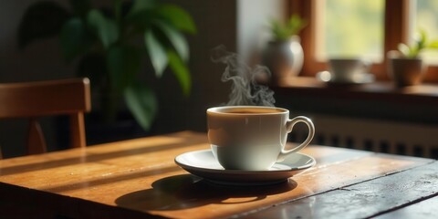 Obraz premium Aromatic Steam Rising from a Cup of Coffee on a Sunlit Wooden Table