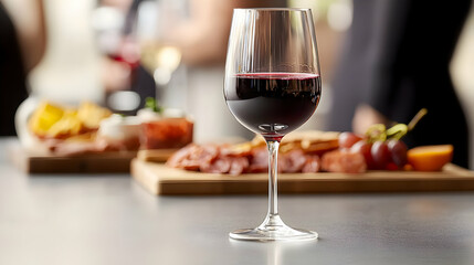 Glass Of Red Wine With Charcuterie Board On Table At A Social Gathering With Blurred People In Background