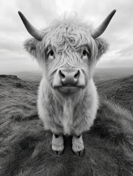 Black and white Highland cow portrait on grassy hill backdrop