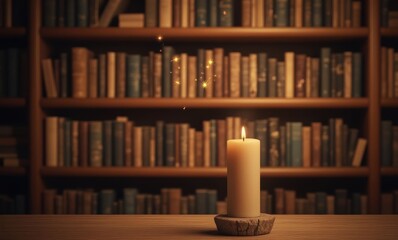 Candle flame illuminating a library