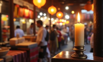 Candle glowing in vibrant market