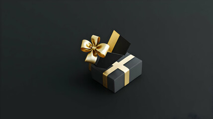 Luxury Black Gift Box With Gold Ribbon And Bow On Dark Background 3D Rendering Festive Surprise