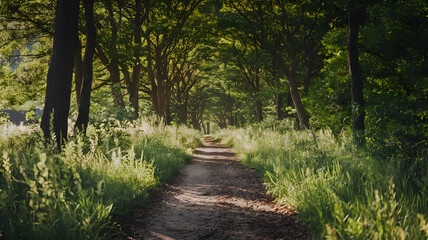 Fototapeta premium A peaceful forest trail with sunlight dappling the forest floor through the canopy.