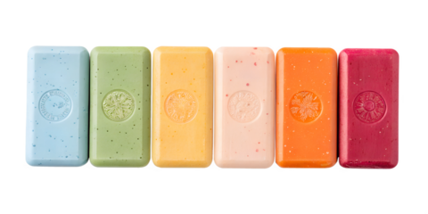 top view collection set of soap bars in different colors isolated on white background png