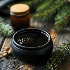 Jam in a jar and fresh spruce branches on a wooden background