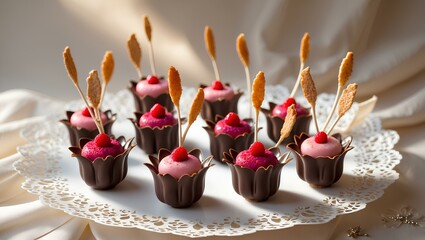 French petit fours A fantastic composition of petit fours in the shape of flowers: petals of the finest chocolate, centers of berry mousse, and stems of vanilla sponge cake - gastronomic art in miniat