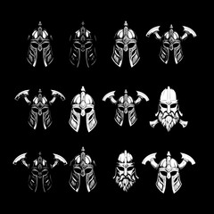 Viking Warrior Helmet Logo Set, Medieval Nordic Battle Helmets with Axes, Bearded Norsemen, Black and White Illustration, Ancient Scandinavian Fighter Symbols