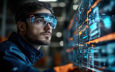 FocusedEngineerExaminesComplexDataProjectedOntoAdvancedGlassesAndLargeScreenDisplayInIndustrialSetting