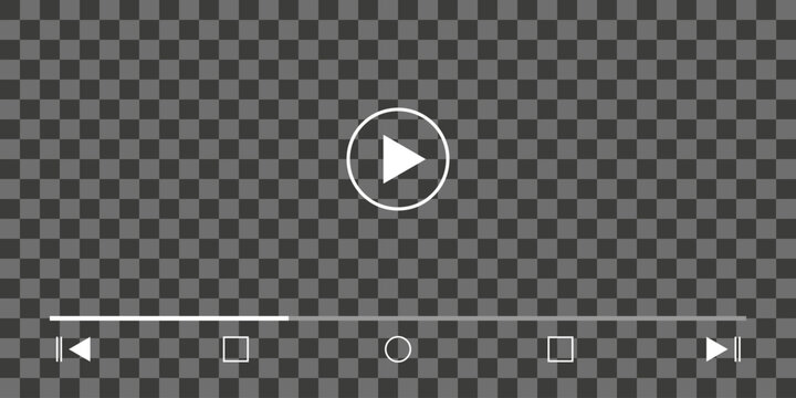 Graphical media player interface with control buttons, scroll bar and transparent background. Minimalistic design, suitable for UI/UX, web development and video editing
