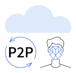 Cloud and circular P2P arrow with facial recognition outline emphasize digital identity, AI, and secure data exchange. Ideal for technology, security, AI, cloud storage, communication, networking