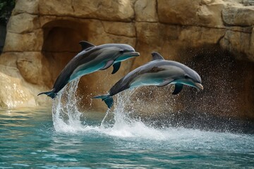Dos delfines saltando en sincronía sobre el agua cristalina con rocas naturales de fondo.