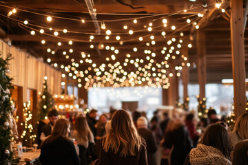 Festive market scene with people enjoying holiday shopping under warm string lights, creating a joyful and cozy atmosphere.