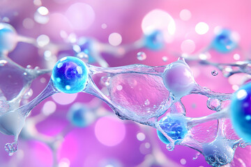 Interconnected spheres in network, against bokeh pink background