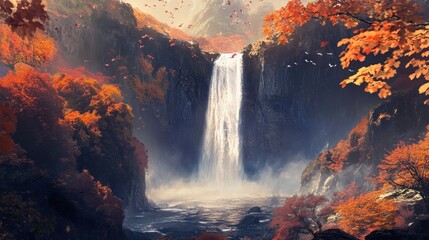 Naklejka premium Autumn waterfall cascading into a serene valley