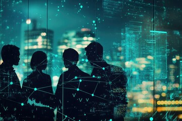Silhouetted businesspeople stand before a cityscape, overlaid with glowing data streams, symbolizing technological integration and urban development.