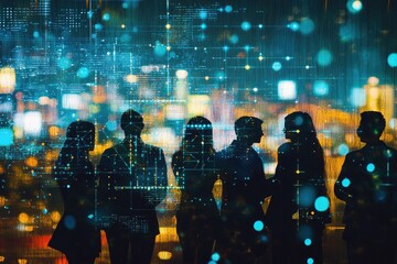 Silhouetted business people stand before a vibrant cityscape backdrop, overlaid with digital data streams, symbolizing technological integration in modern business.