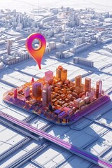 This piece features a colorful 3D representation of a city, highlighting architectural details and a distinct location marker at its center, emphasizing a modern urban landscape
