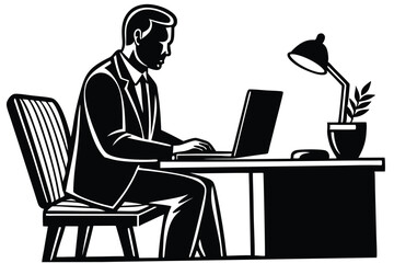 Silhouette Office Desk With Laptop and Coffee black color only