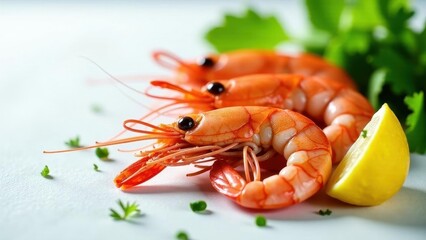 Three succulent prawns, garnished with fresh herbs and a lemon wedge, arranged on a pristine white surface.