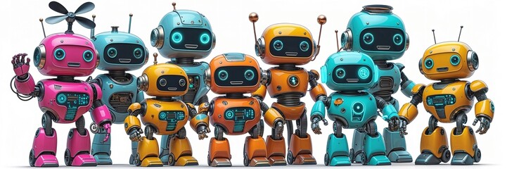 A group of colorful 3D robots displays lively personalities while interacting playfully in a bright digital world. Each robot showcases distinct features in an inviting atmosphere