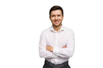 Smiling man in a white shirt poses with crossed arms against a neutral background in a studio...