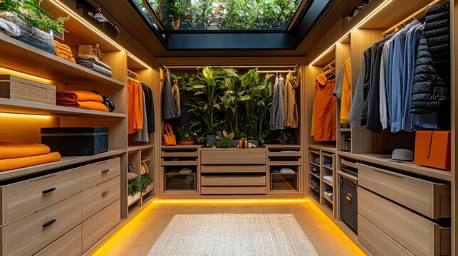 Modern walk-in closet with skylight and plants - Powered by Adobe